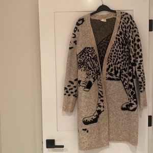 Open front cardigan with leopard graphic